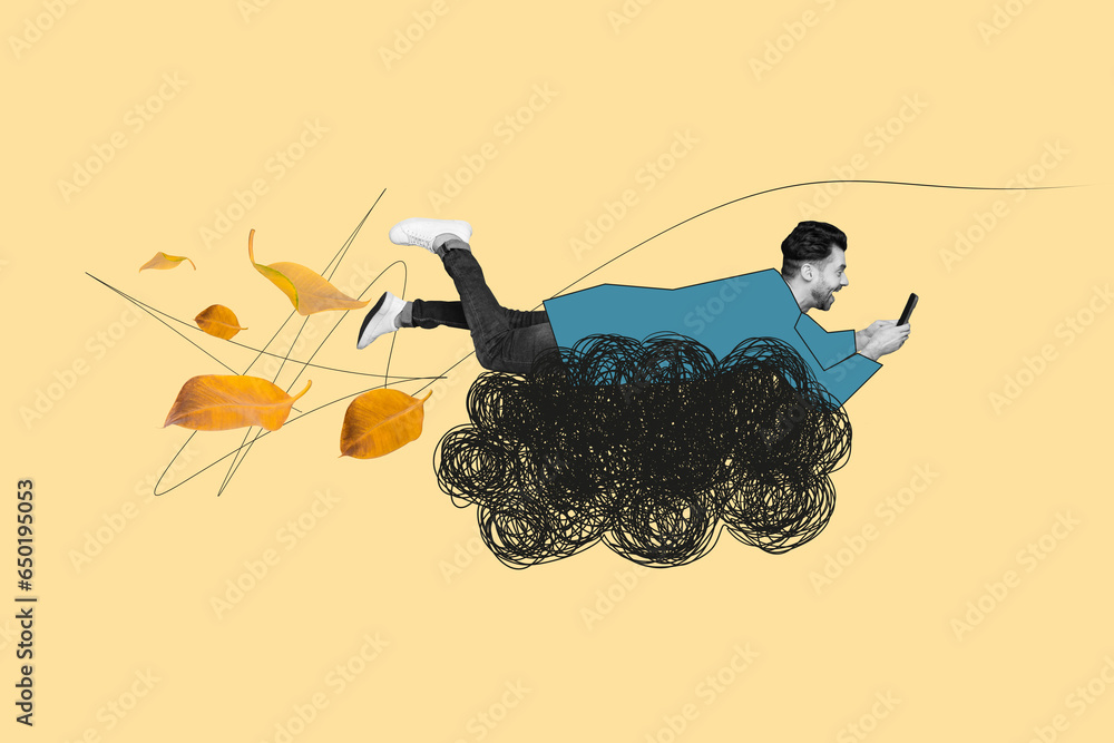 Artwork collage picture of black white colors carefree guy flying painted cloud use smartphone falling leaves isolated on beige background