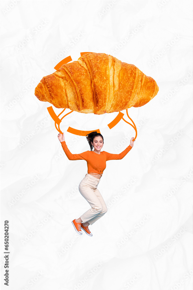 Vertical collage image of excited mini girl arms hold flying big croissant instead parachute isolated on paper white background