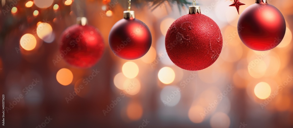 Festive ornaments on tree branches with red balls and bokeh background