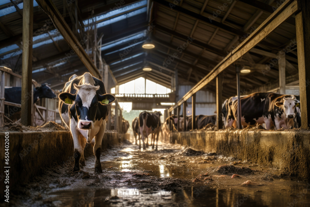 a large village cowshed, cows are standing inside, the cowshed i