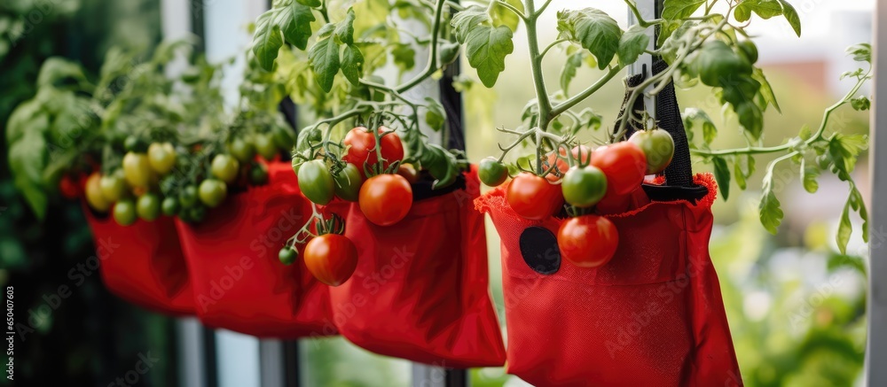 Tomatoes grown in reusable bags on balcony manual recycling of Tee big bags by Indian workers upcycling time limited products for sustainable macro trend