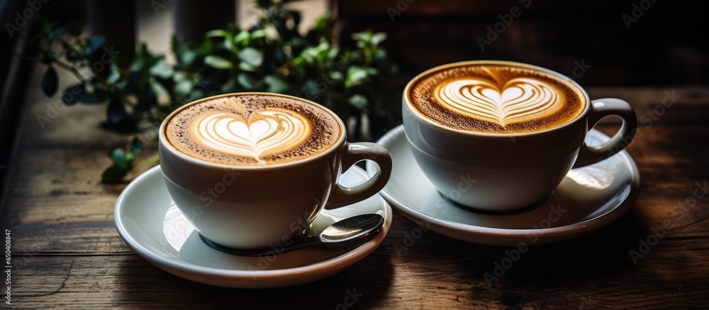 Cappuccino cups with latte art on wooden background foam ceramic cups stylish toning text space