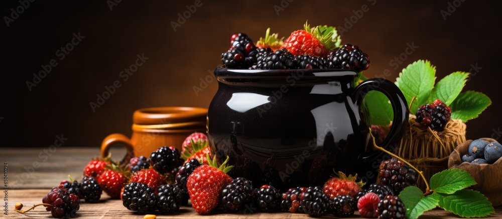 Top view of vintage mug with fresh dark berries over rustic background space for text Concept Agriculture gardening harvest
