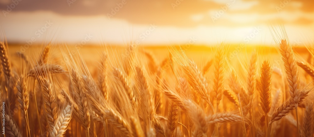 Sunset sky backdrop with ripening wheat field setting sun rays on rural horizon Close up nature photo portraying idea of bountiful harvest
