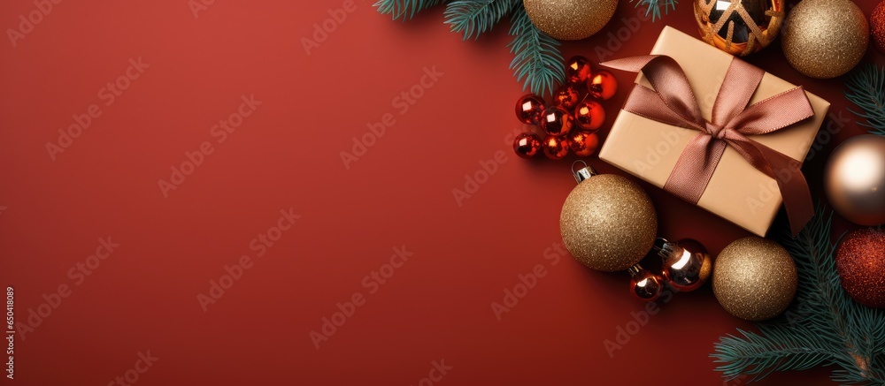 Christmas themed decorations and gift box Flatlay Symbolic representation Festive backdrop White backdrop Available area Overhead perspective