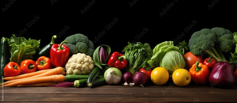 Fresh vegetables arranged on a wooden backdrop