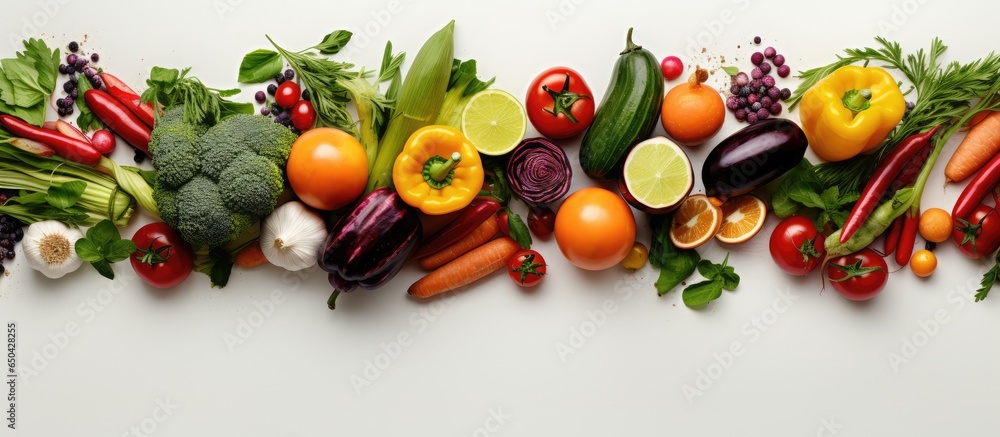 Top view of organic vegetables on white background copy space available
