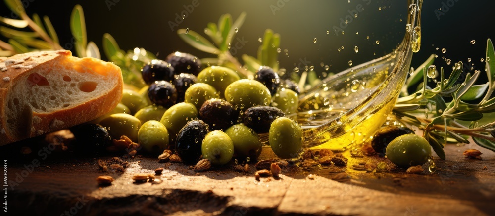 Authentic organic Italian oil drizzles on organic bread highlighting the essence of natural and wholesome food with fresh olives and Tuscan influence