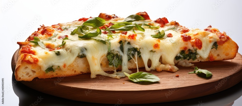 Hot Italian pizza with stretchy cheese becomes Pizza four cheeses with basil