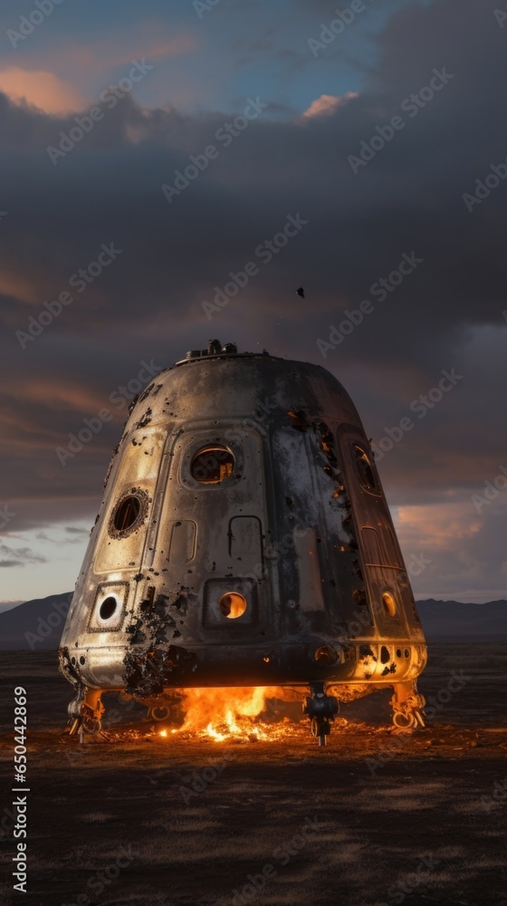 Against the backdrop of a starstudded sky, the charred exterior of a space capsule bears witness to the intense heat endured during its incredible reentry into Earths atmosphere. Mod3f
