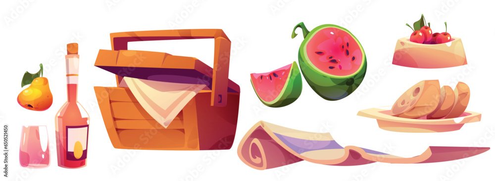 Picnic design elements isolated on white background. Vector cartoon illustration of basket with lunch, fresh watermelon, pear, cherries in bowl, appetizing cheese on plate, glass bottle of wine, towel