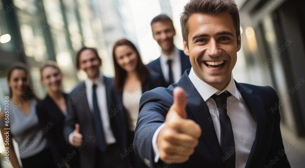 Cheerful man showing thumbs up sign in front of business team.