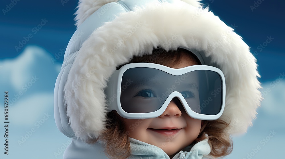 Cute baby wearing big ski glasses isolated on pastel blue background.