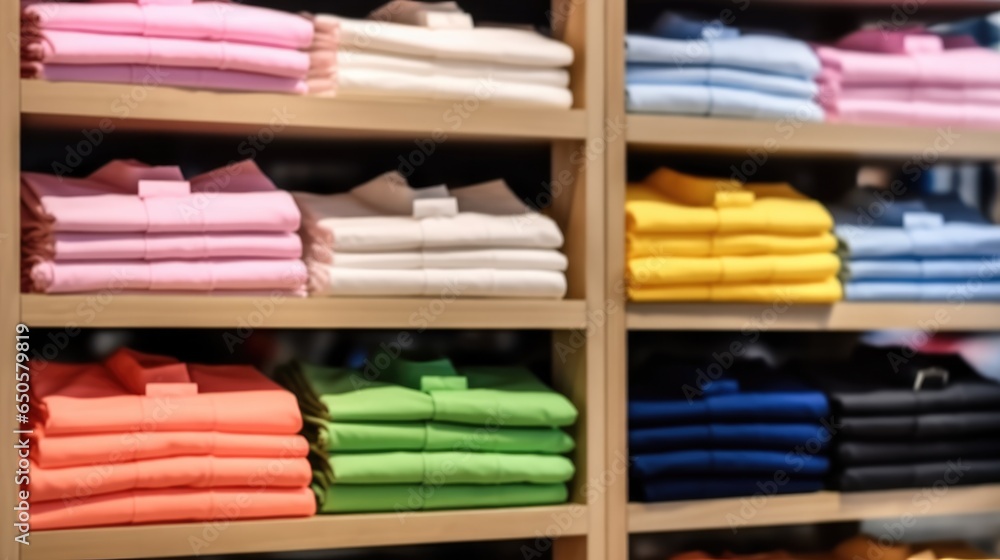 Fashion clothes, Various color shirts at shelf in shop, clothes in shopping mall.