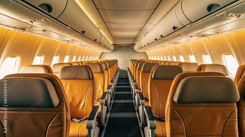 Empty passenger airplane seats in the cabin. Interior of passenger plane. Generative Ai