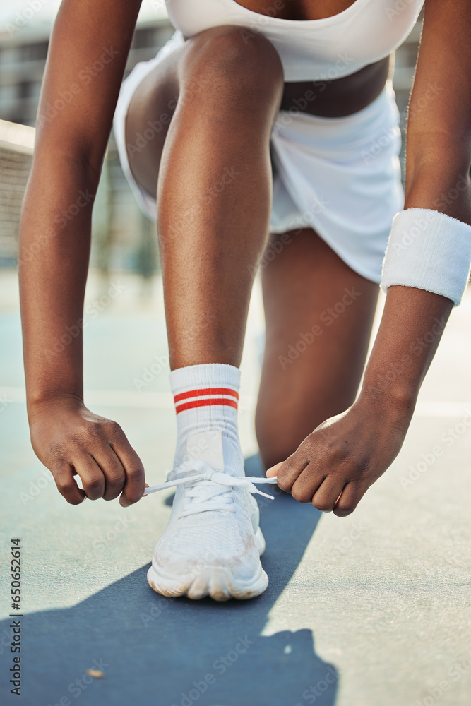 Woman, shoes and tying laces on tennis court getting ready for sports match, game or outdoor practice. Closeup of female person tie shoe in preparation for fitness, exercise or training workout