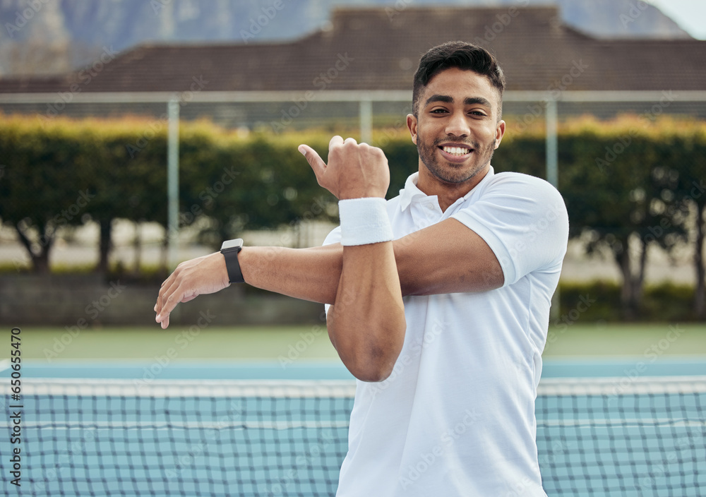Man, court and stretching before tennis game for fitness, exercise and workout outdoor in Cape Town. Portrait, person and arm training for sport competition, challenge and wellness with happiness