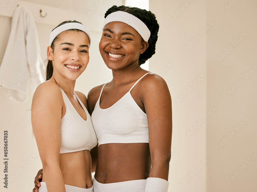Locker room, sports and portrait of women for tennis training, exercise and workout for practice or game. Fitness team, friends and happy people hug for winning match, performance and competition