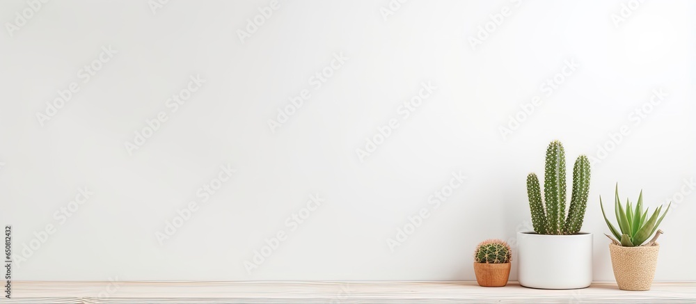 Minimalistic white bedroom with rustic or Scandinavian style Clean and fresh interior featuring a cactus on a wooden table