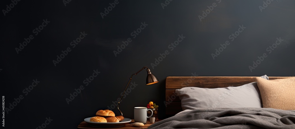 Modern and cozy black bedroom with an unmade bed breakfast on a tray a lamp and stylish decor over a blackboard wall with copyspace