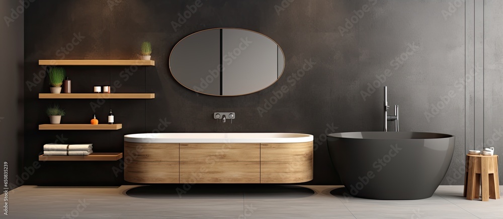Modern house design with black and wooden bathroom corner featuring a tub makeup shelf double sink near gray wall