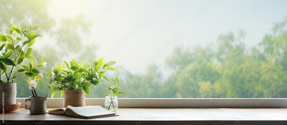 Open desk with plant and springtime window