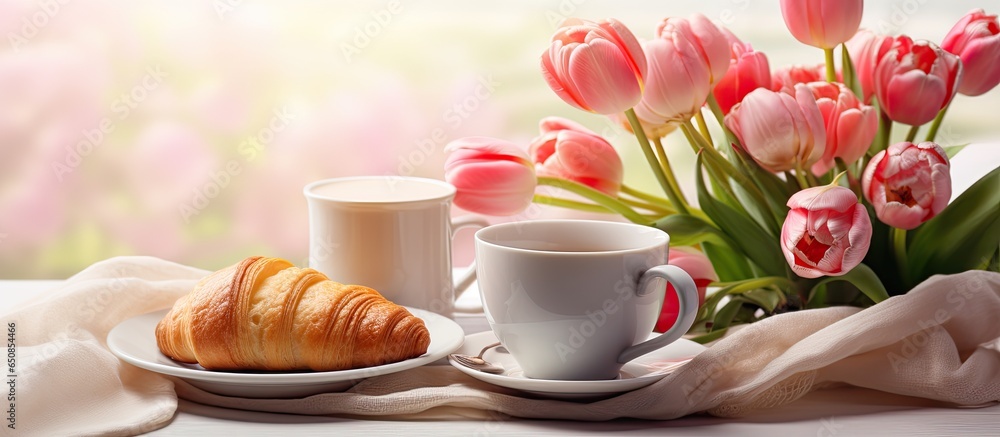 Mother s day celebration with breakfast coffee croissants strawberries tulips