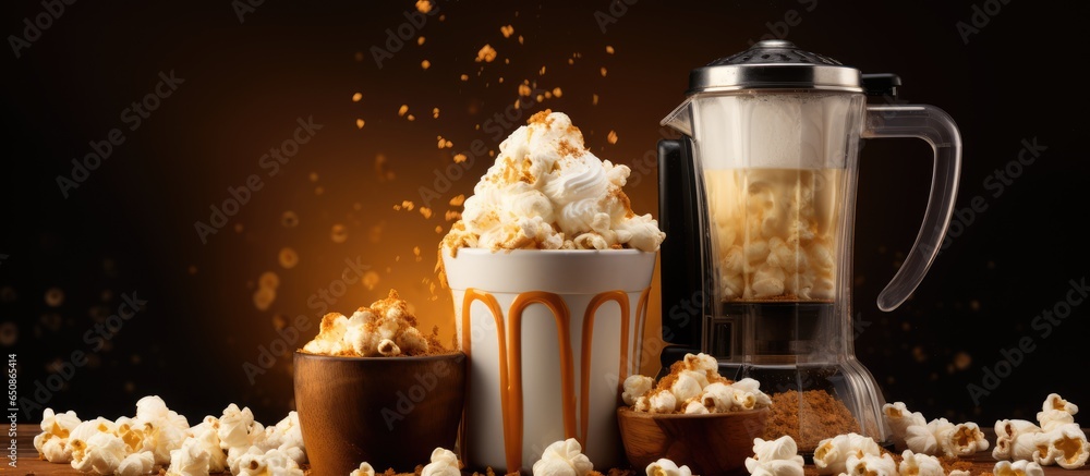 Caramel milkshake with cream liqueur caramel popcorn and chocolate powder on a vintage brown background with a manual coffee grinder