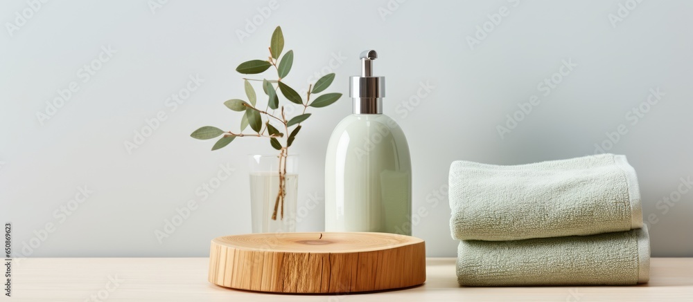 Contemporary bathroom accessories in light green shade eucalyptus hue Eco friendly towels minimalist vase oak stump with sensor dispenser