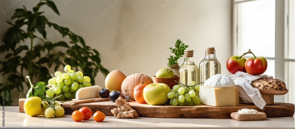 Various items on wood surface in cooking area Nutritious meals