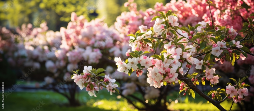 Fruit trees blooming amidst green plants in a spring garden