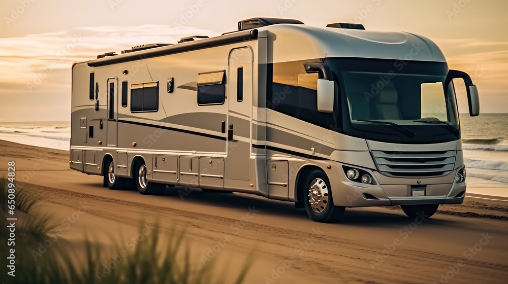 A luxurious motorhome, Expensive luxurious camper motorhome on the beach, Journey concept.