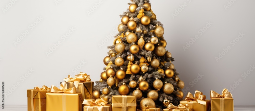 Isolated on white background a Christmas tree decorated with golden patchwork ornaments artificial gold balls and big presents for New Year 2018