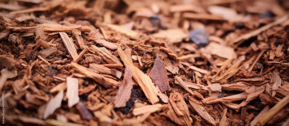 Recycled wood chips from tree bark mulching and enriching soil in sustainable farming