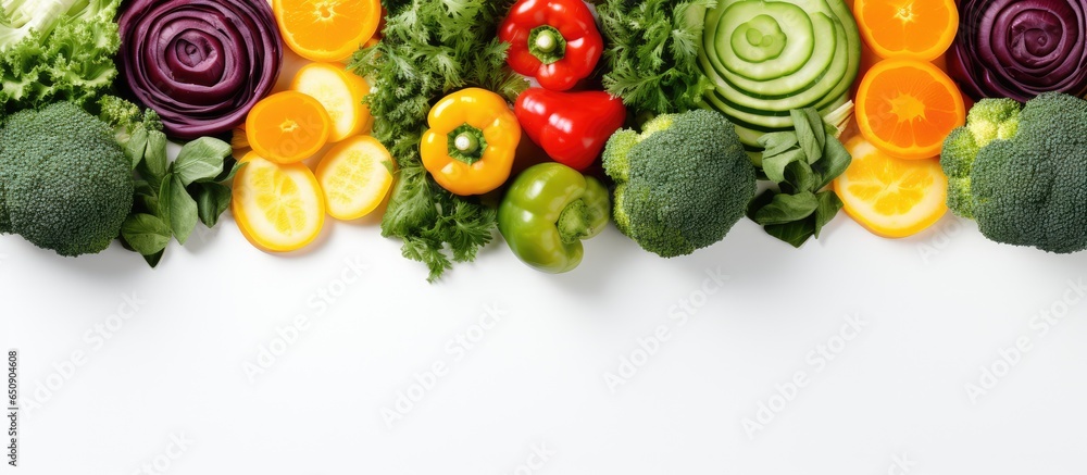 Vegetables arranged in a circle seen from above on a white background