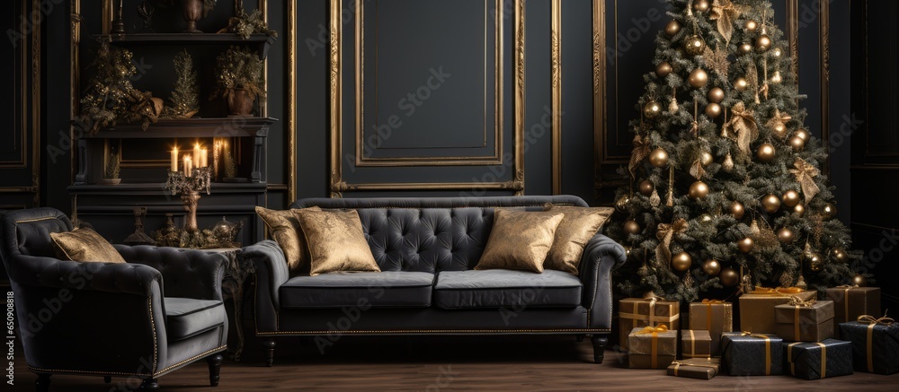 Christmas themed luxury living room with chic decorations including a sofa tree gifts plaid and pillows