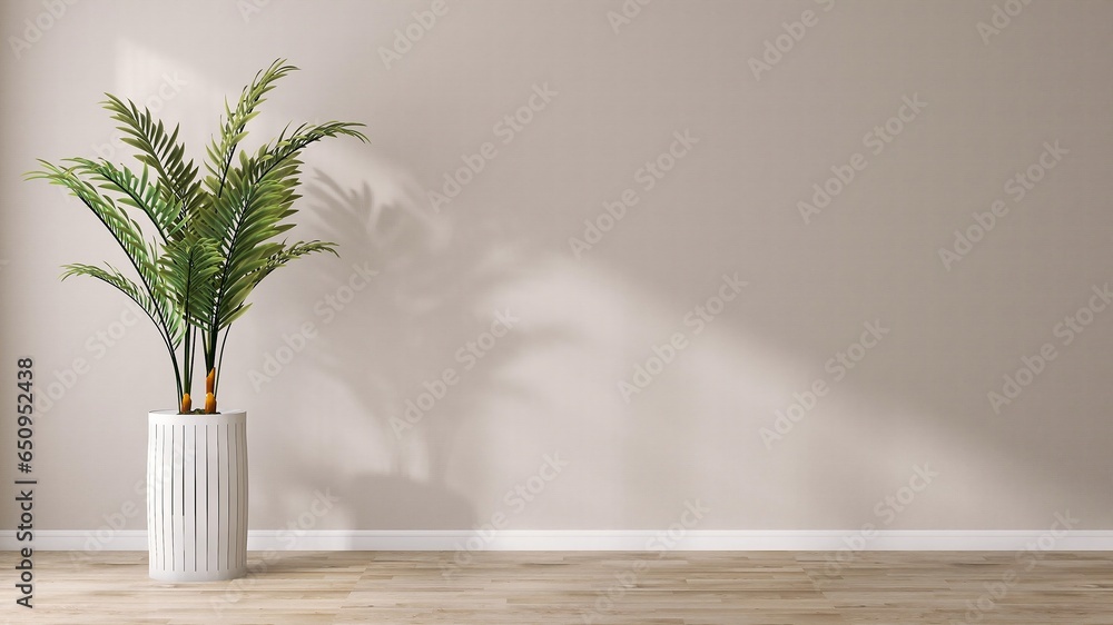 Tropical green palm tree in tall white pot in sunlight, shadow on blank beige wall, laminated parquet floor. Luxury interior design decoration, fashion, beauty, product display background 3D