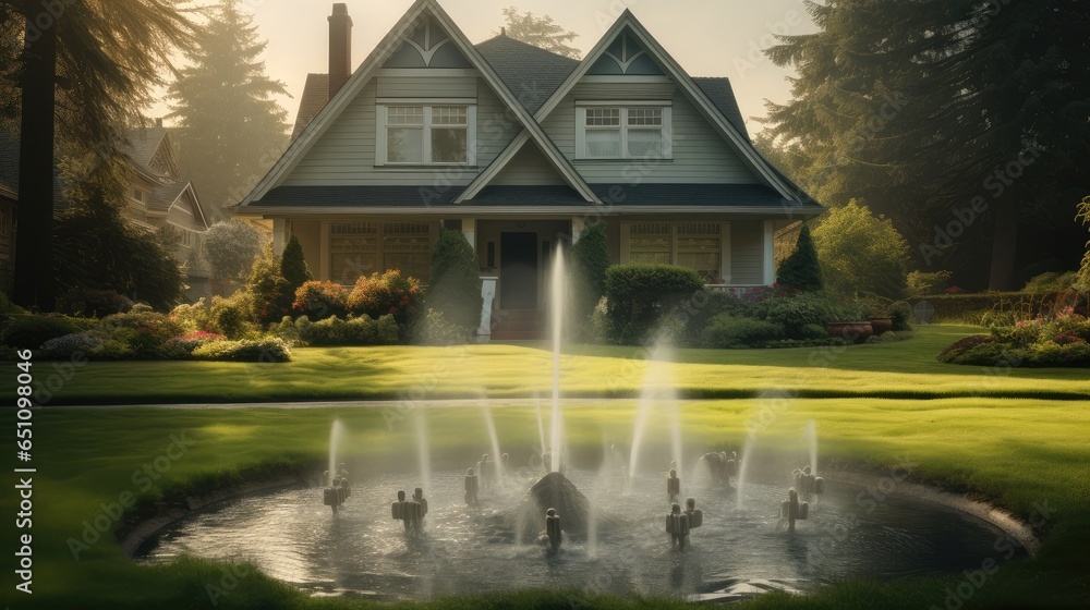 Beautiful house with a nice front yard and a fountain sprinkler system, Mansion Exterior.