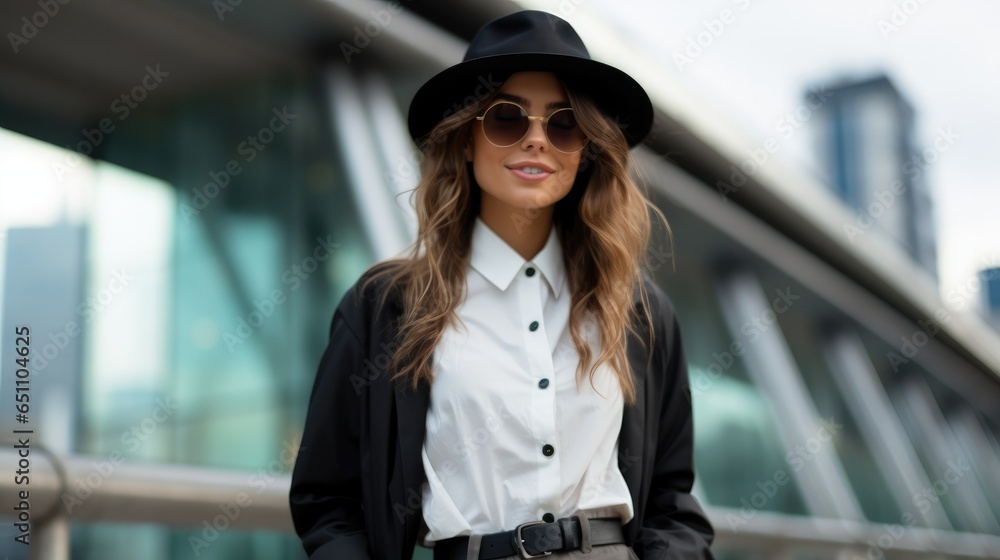 Young stylish woman in sunglasses in a black hat walks on street against the backdrop of office buildings.
