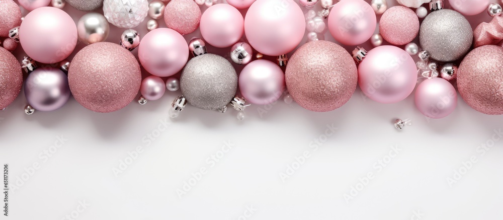 Christmas still life featuring pink and silver ornaments against a white backdrop Overhead perspective with room for text