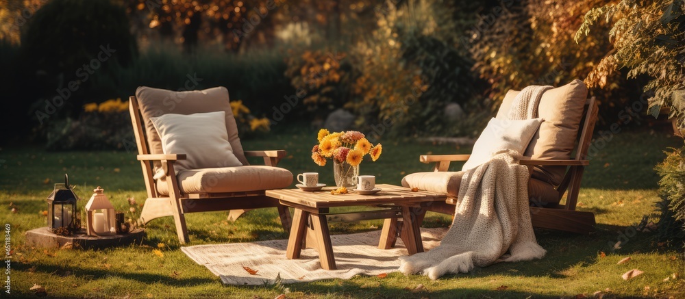 Autumn outdoor garden with wooden furniture Empty backyard with lounge chair Relax on terrace with vintage decoration