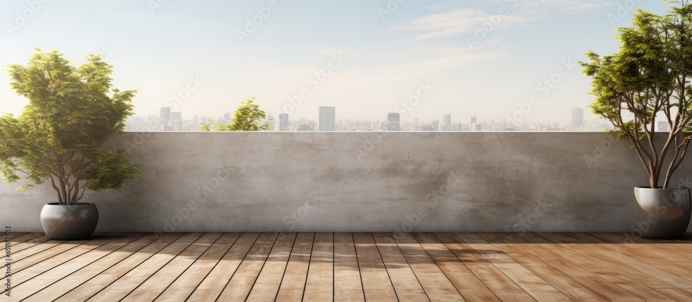 image of wooden balcony with empty concrete wall