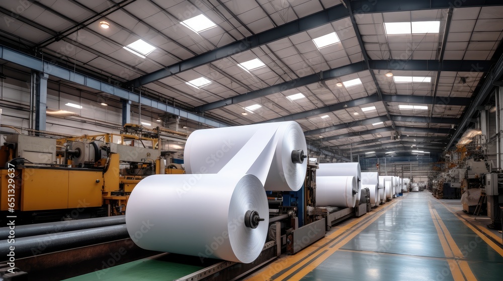 Factory production large rolls of thermal paper.