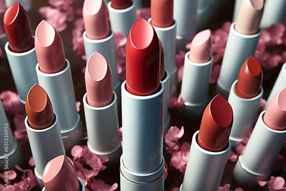 Various red lipsticks lined up in a row.