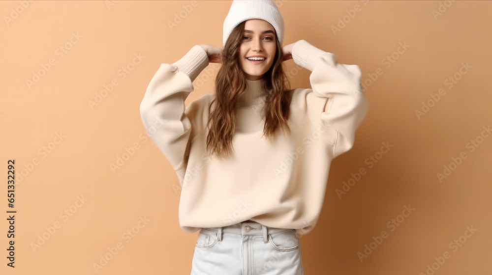Beautiful woman in winter clothes standing with beige background.
