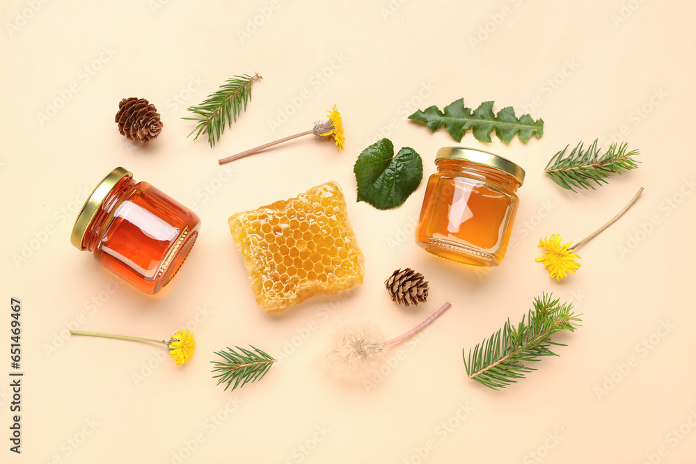 Jars with tasty honey, honeycomb, dandelion flowers and fir tree branches on beige background