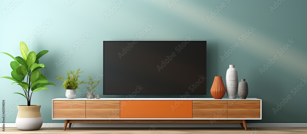 Modern living room decor with a TV cabinet featuring a two toned wall background