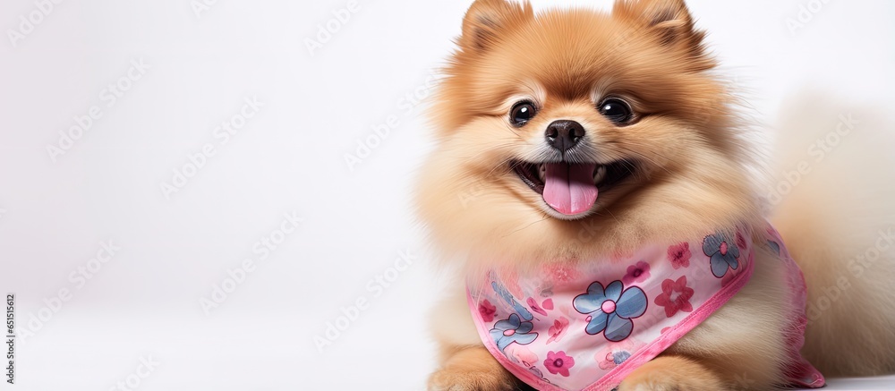 Pomeranian dog on sofa with cowboy bandana smiling copy space