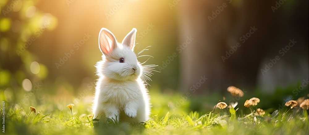 Fluffy white rabbit grooming itself in green garden on a sunny day Easter animal background