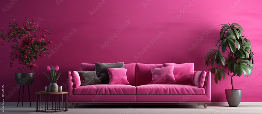Monochrome interior room with magenta color furniture and accessories Light background with copy space Luxury living room trend color